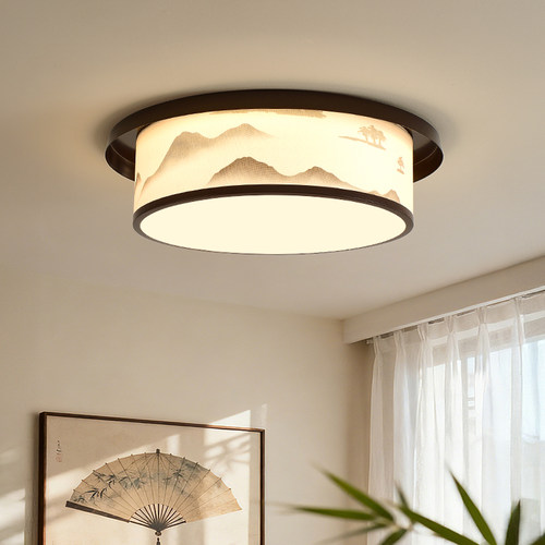 新中式宋韵布艺山水实木客厅吊灯