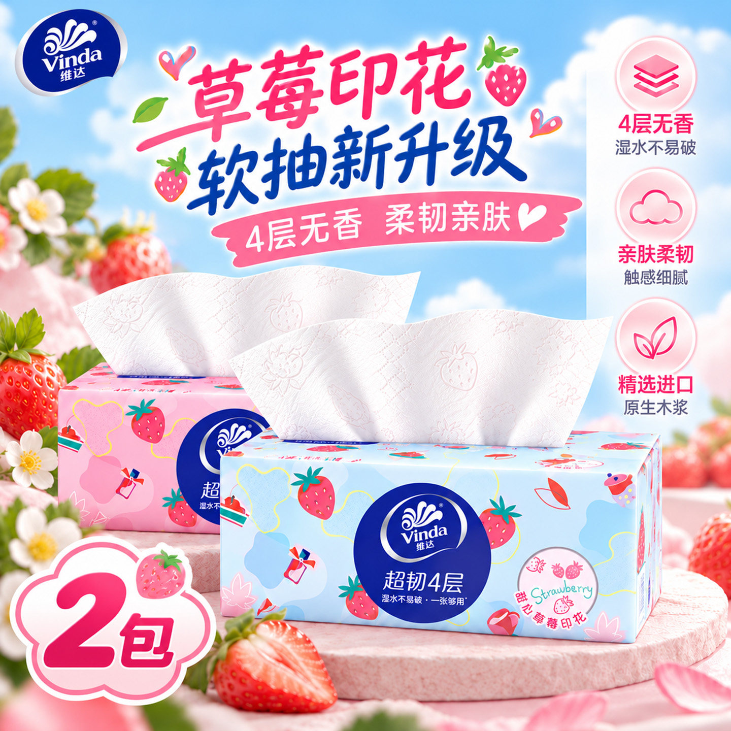 维达抽纸超韧甜心草莓印花面巾纸纸抽4层90抽擦手纸卫生纸R