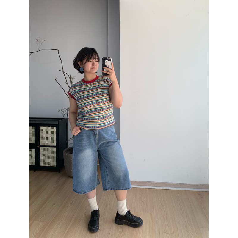 FishCake 大码微胖日常水洗牛仔中裤休闲七分裤通勤夏季胖M