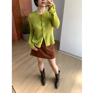 FishCake 大码微胖立体花朵装饰针织开衫休闲上衣A字半裙套装女