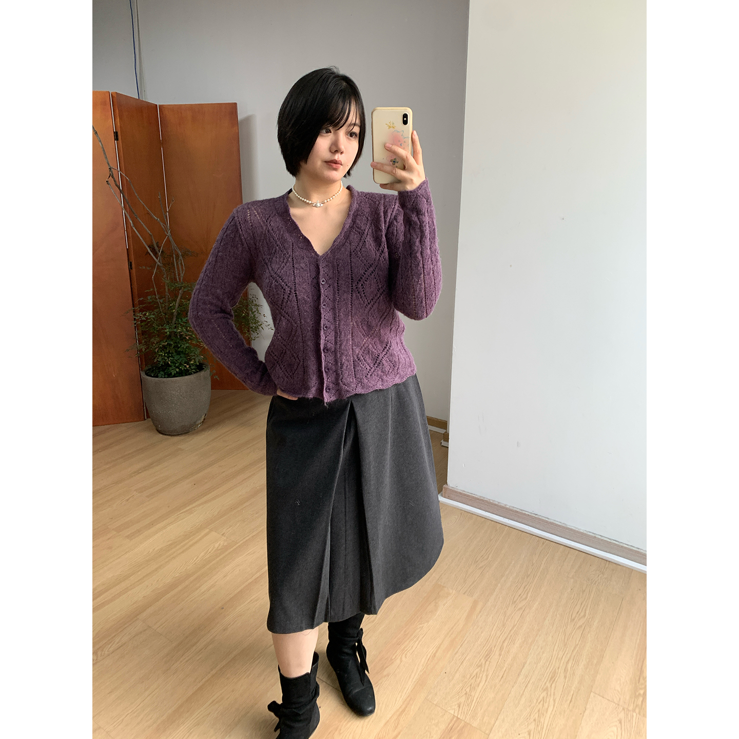 【FishCake 大码微胖 12/8 20点新品】V领花呢针织开衫毛衣