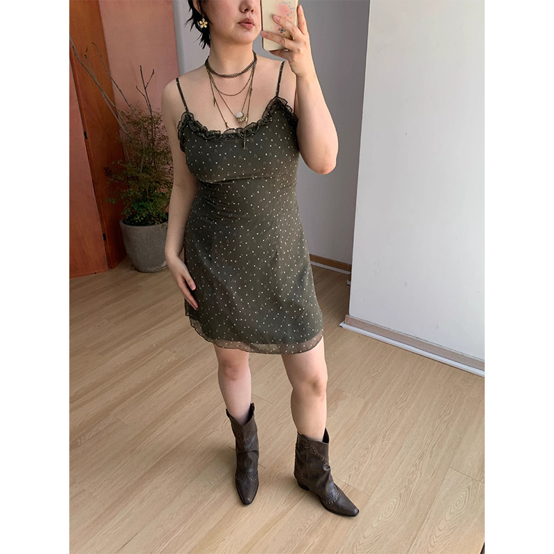 FishCake 大码微胖青苔绿波点蕾丝边吊带短裙优雅法式连衣裙女