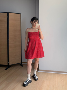 FishCake大码 胖MM 微胖红色波点短款 吊带裙甜美风出游连衣裙女夏季