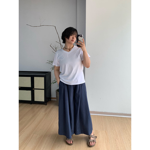 女胖MM FishCake 大码 微胖宽松蓝色宽松长裤 透气棉麻阔腿休闲裤