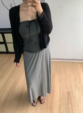 FishCake 大码微胖黑色长袖开衫蝴蝶结系带条纹抹胸修身上衣套装