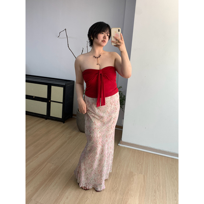 FishCake 大码微胖红色飘带修身收腰抹胸性感辣妹风上衣小衫女夏