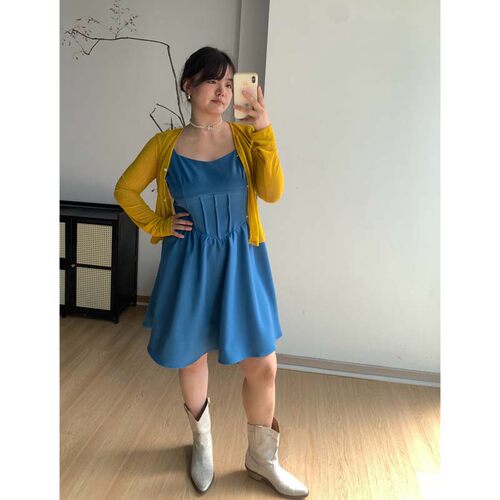 FishCake大码微胖辣妹风蓝色收腰吊带短裙简约风A字连衣裙女