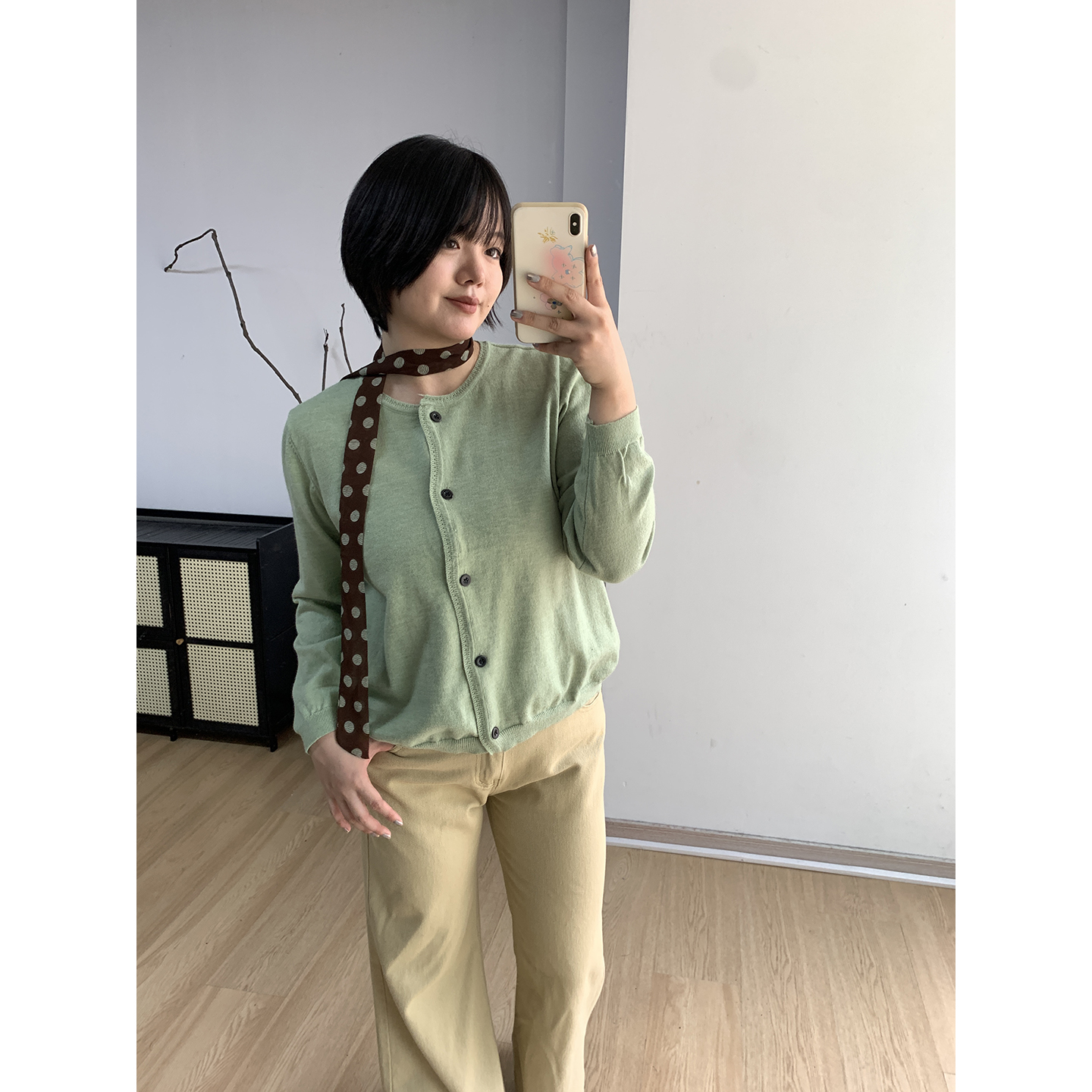 FishCake 大码微胖浅绿色休闲慵懒风圆领针织长袖上衣开衫毛衣女