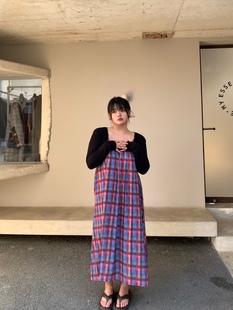 FishCake大码 微胖 度假风海边飘逸格子连衣裙女夏季 宽松吊带裙长款