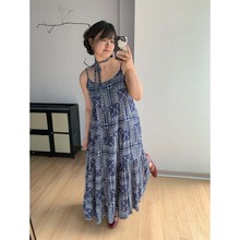 FishCake大码微胖 藏青大裙摆民族风吊带裙复古风连衣裙女胖MM
