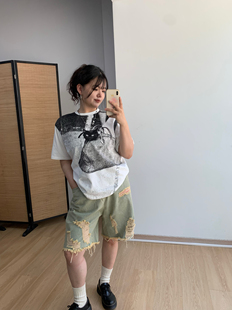 胖MM FishCake大码 微胖 艺术感小猫印花宽松短袖 T恤休闲上衣女夏季