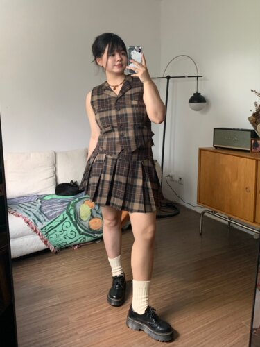 【限时八折】大码微胖美式学院辣妹格纹马甲半身裙秋季套装女装