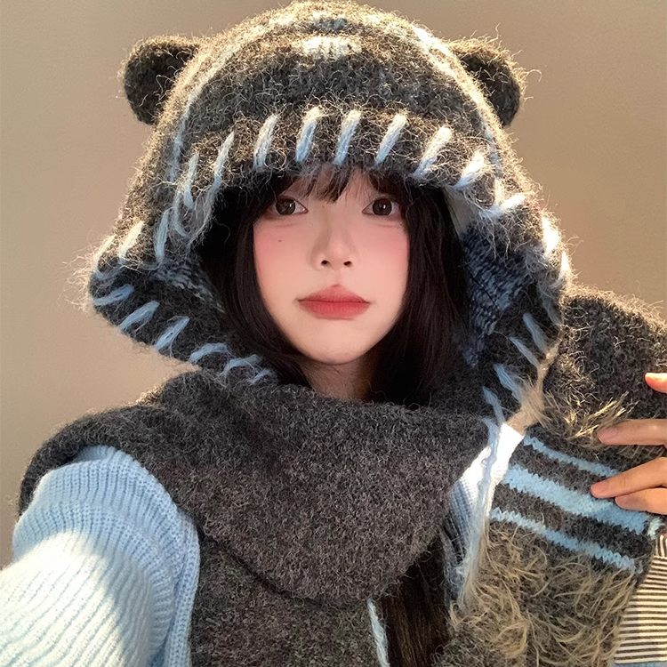 可爱小熊耳朵针织帽子围巾一体