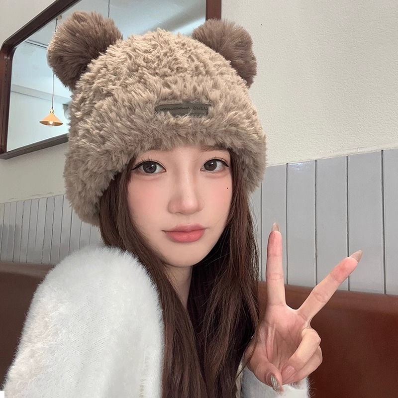 可爱小熊毛绒针织帽女秋冬加厚