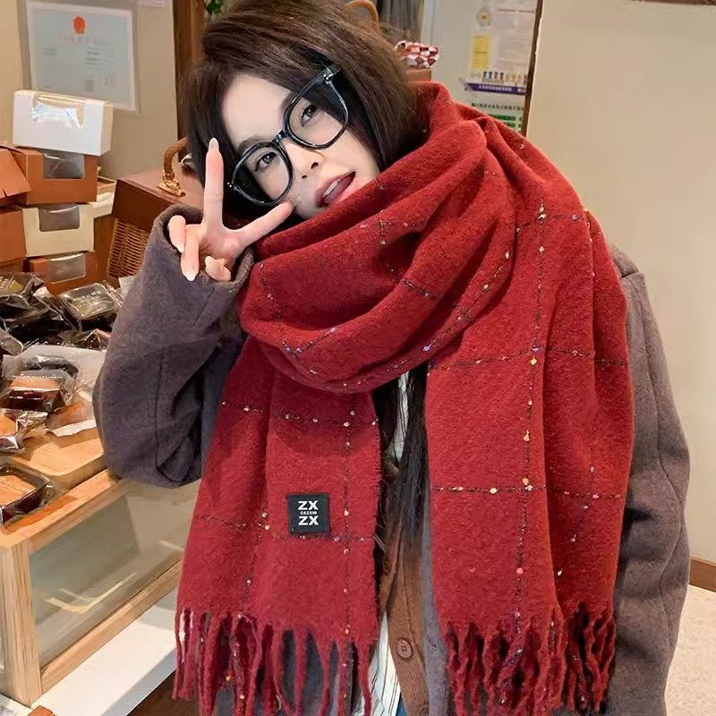 新年红色格子围巾女秋冬季2026新款韩版围脖保暖披肩情侣过年礼物