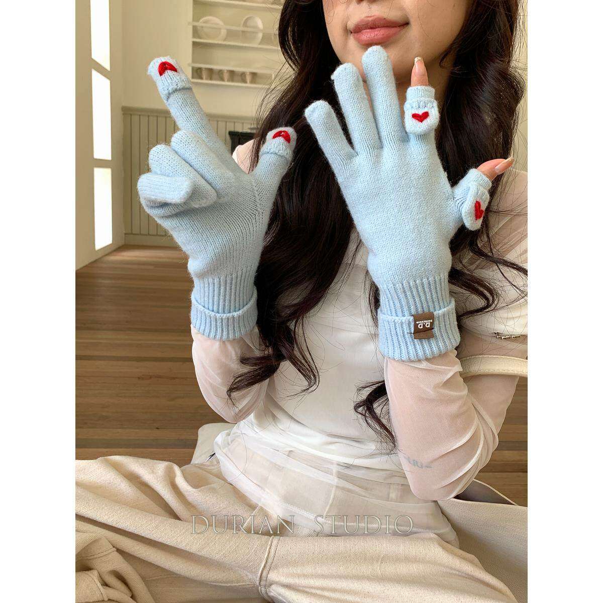 含羊毛针织手套五指露两指女冬季可触屏爱心防寒保暖骑行手套百搭