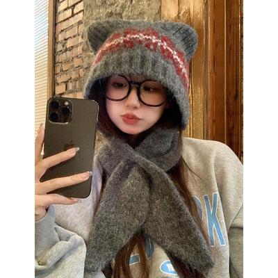 费尔岛风提花羊毛混纺可爱小熊帽子女秋冬保暖护耳围巾一体毛线帽
