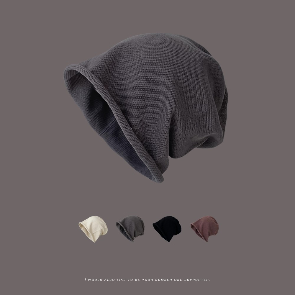 日系纯色素颜卷边堆堆帽子女四季韩版宽松薄款冷帽针织包头帽男款