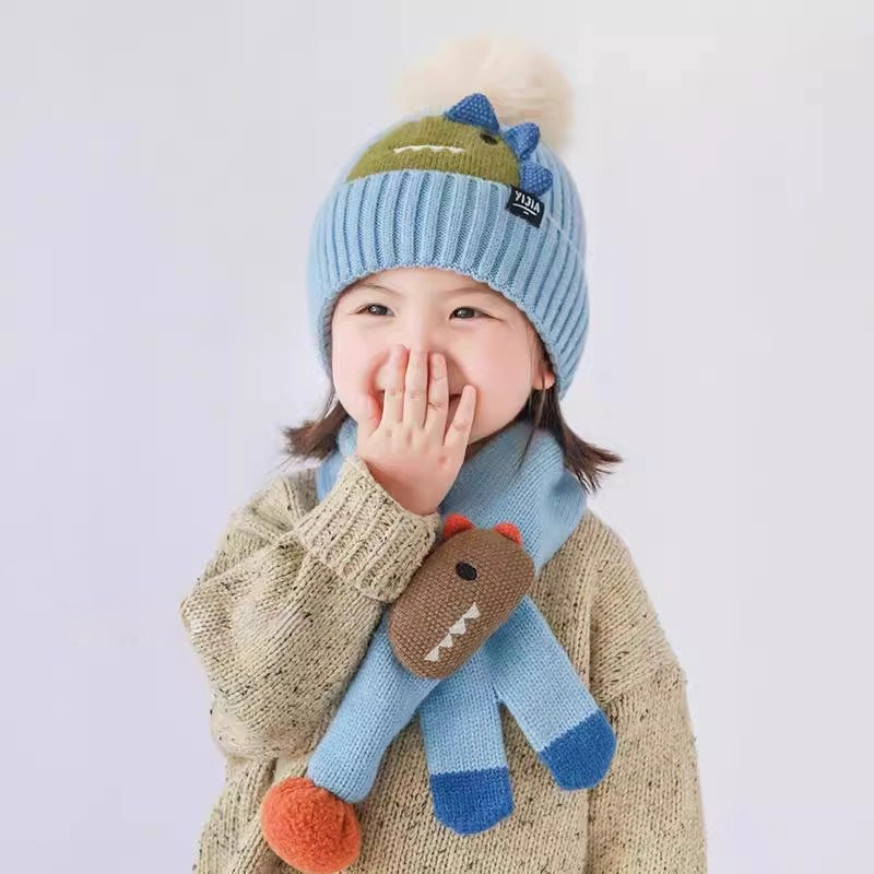 儿童帽子围巾两件套秋冬款宝宝针织护耳毛线帽可爱萌保暖男童女童