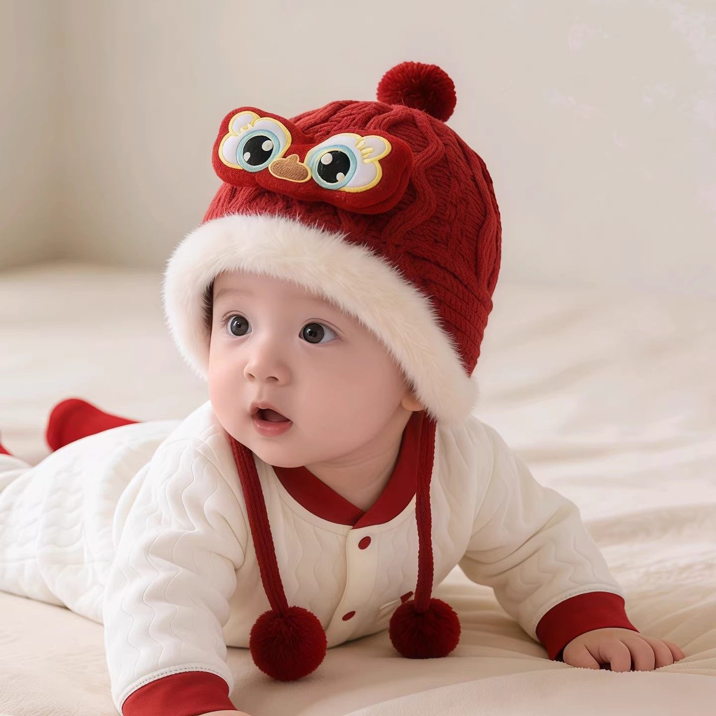婴儿红色新年帽子冬季保暖加厚护耳毛线帽男女宝宝喜庆虎头毛绒帽,童装/婴儿装/亲子装,帽子,淘宝优惠券,粉丝福利购,淘宝优惠卷