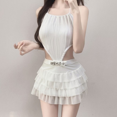 芭蕾风白色蛋糕短裙连体游泳衣女性感辣妹遮肉温泉度假ins泳装新