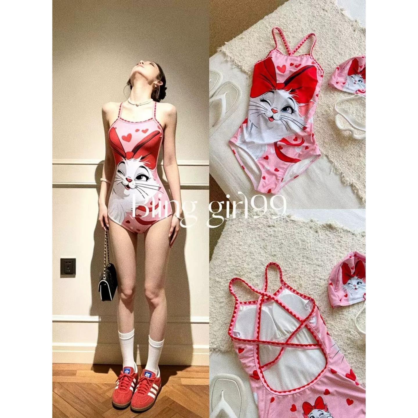 【玛丽猫】法式复古印花显瘦度假风沙滩竞速连体游泳衣女可爱卡通