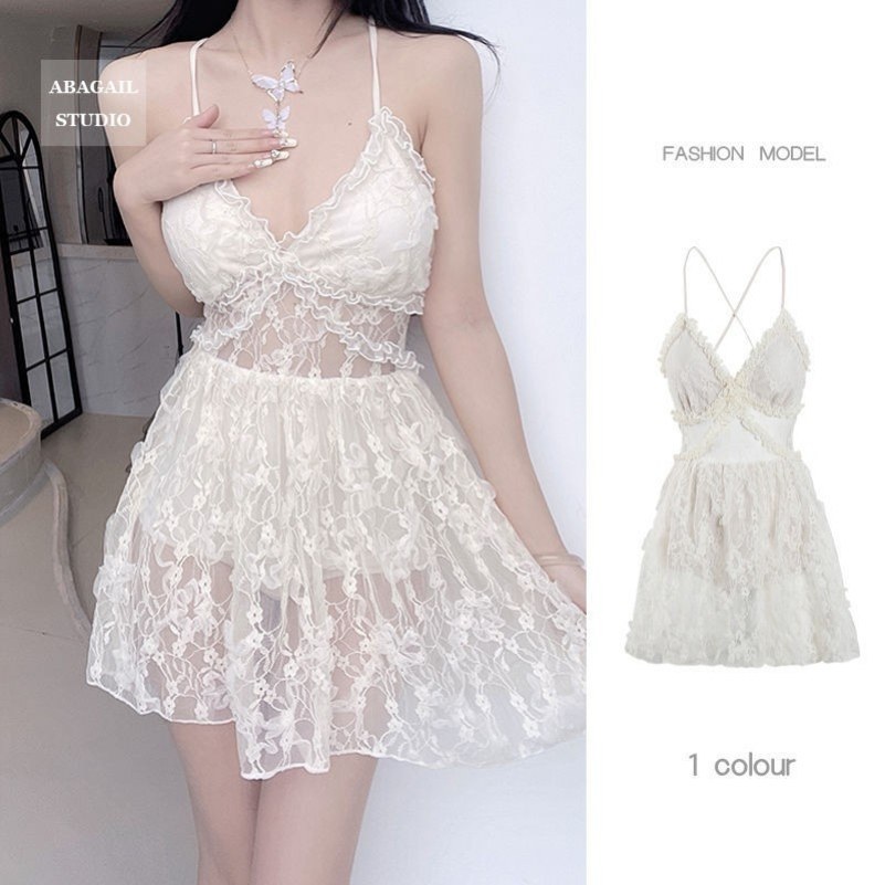 纯欲仙女露背连体小吊带蕾丝裙小胸聚拢遮肚显瘦性感温泉度假泳装