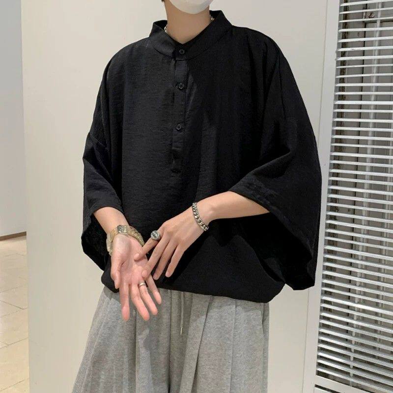 夏季薄款日系立领短袖衬衫男设计感小众宽松t恤蝙蝠袖五分袖上衣