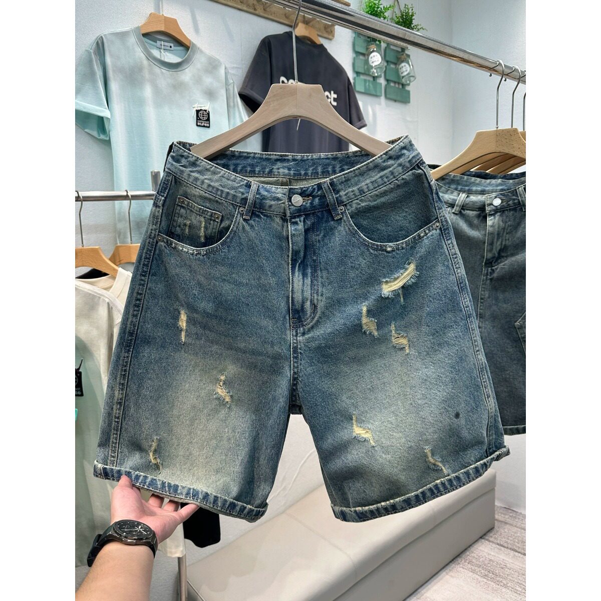 夏季新款破洞牛仔短裤男耐磨水洗复古浅色弹力舒适痞帅休闲五分裤