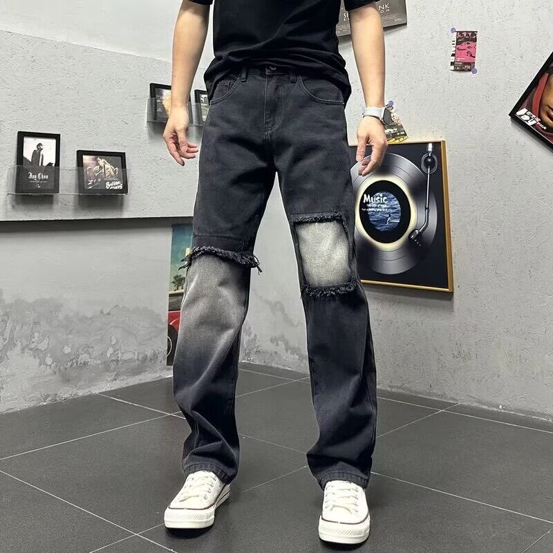 秋季美式痞帅重磅复古做旧破洞贴布黑色牛仔裤男直筒宽松锥形裤子