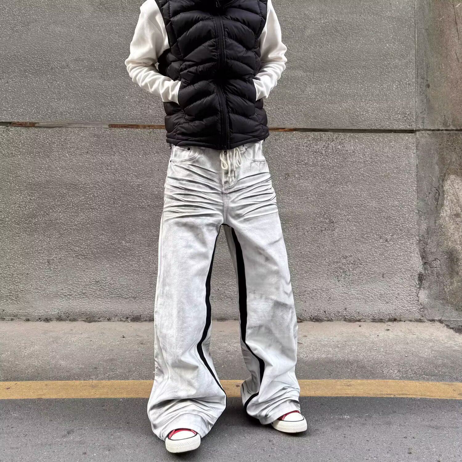 脏染做旧水洗压褶猫须白色牛仔裤男宽松直筒垂感阔腿潮牌痞帅裤子