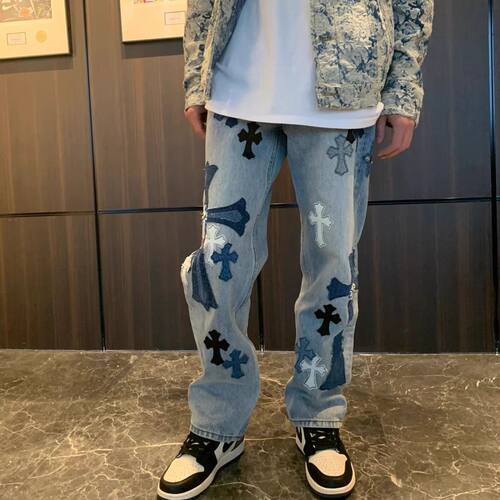 高街vibe风轻奢十字架贴皮刺绣潮牌直筒宽松牛仔裤男士潮流阔腿裤