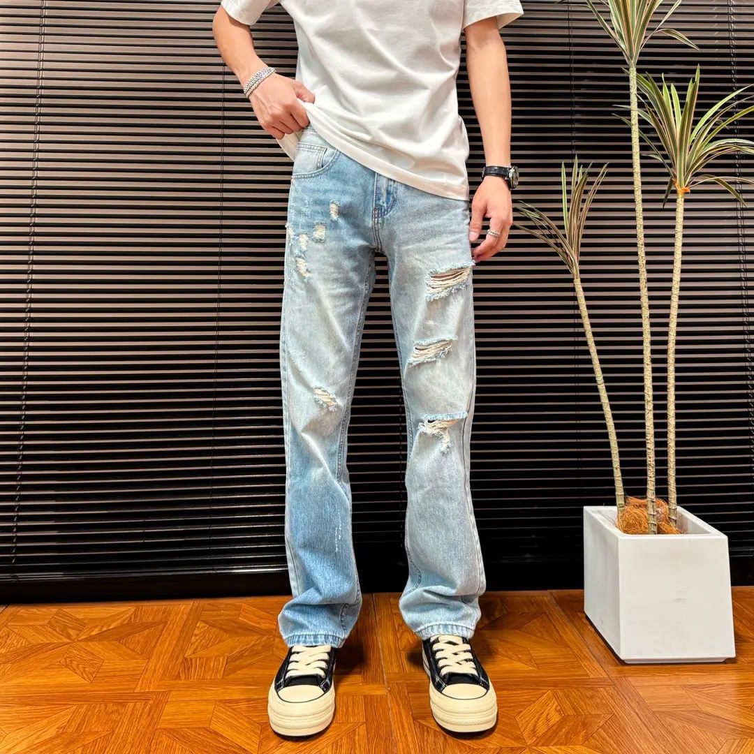 高端潮牌修身牛仔裤男士九分新款夏季锥形小脚休闲痞帅印花长裤子