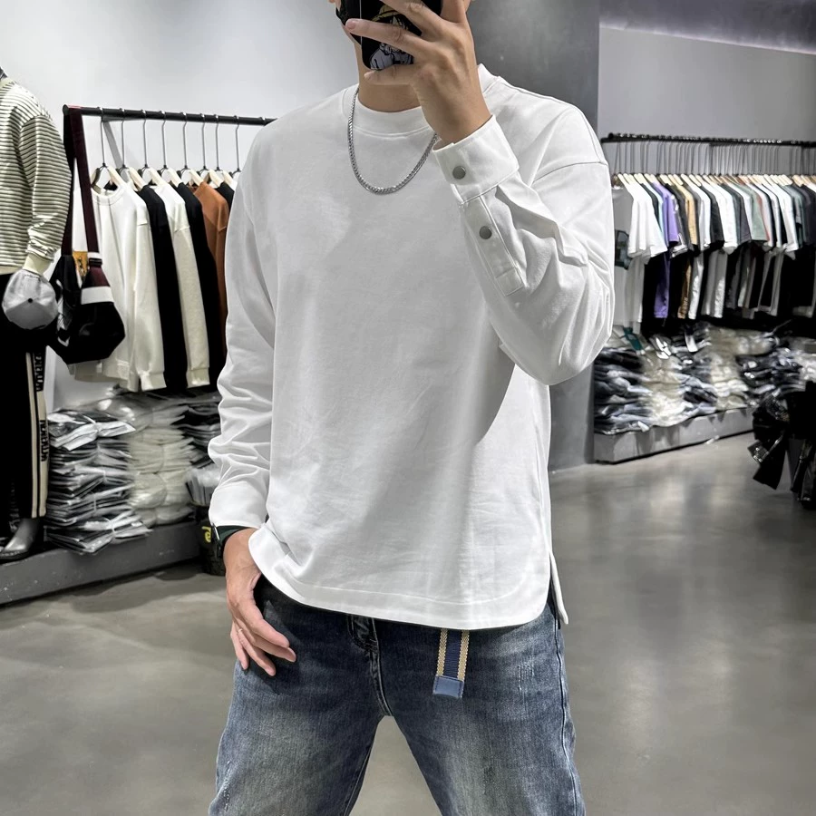秋冬季纯色卫衣男修身内搭开衩长袖t恤男士套头运动打底衫上衣服