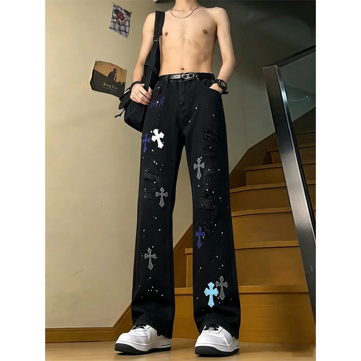 黑色破洞烫钻十字架牛仔裤男款夏季薄款ootd穿搭潮牌直筒微喇长裤