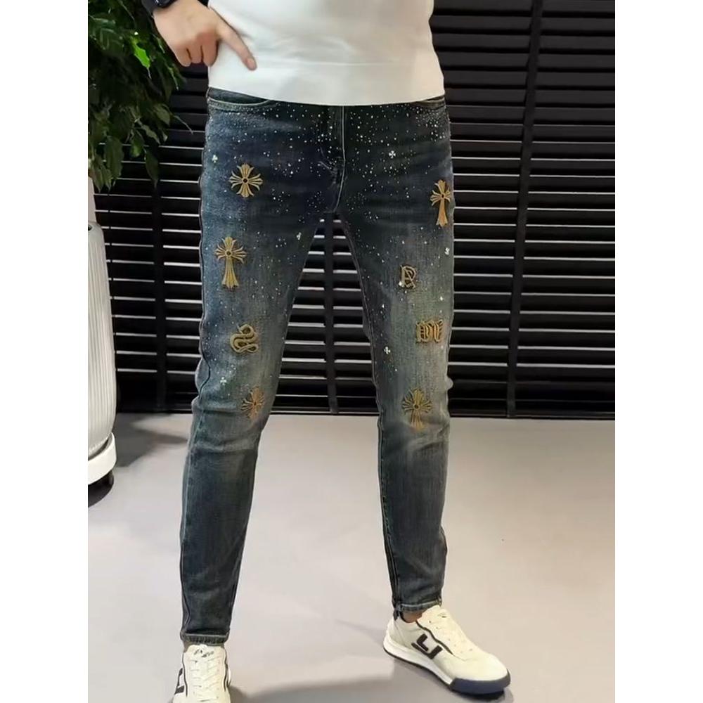 高端刺绣牛仔裤男九分裤潮流个性痞帅花裤子弹力修身小脚裤长裤男