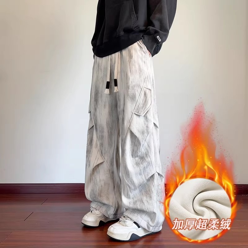 美式复古扎染裤子男冬季加绒加厚休闲裤直筒宽松褶皱伞兵裤阔腿裤