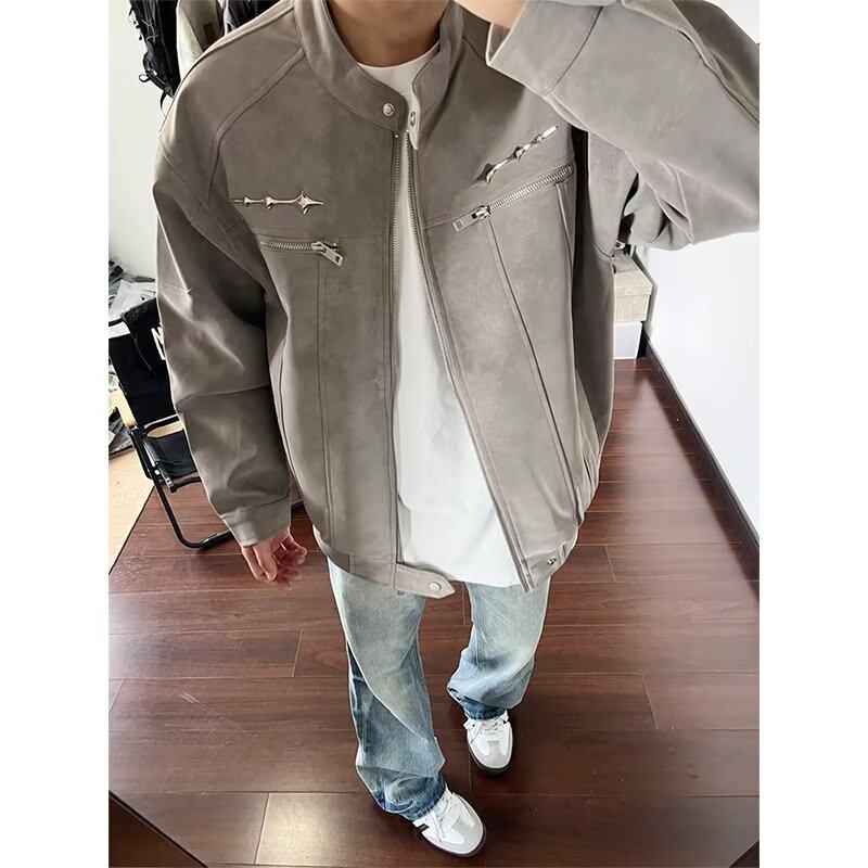 美式复古金属装饰PU皮衣男女秋冬哈灵顿立领工装夹克休闲百搭外套