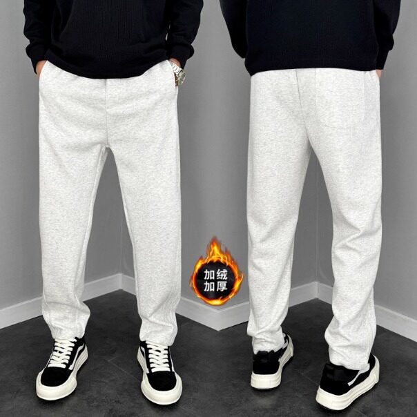 男士加绒休闲裤秋冬季哈伦小脚条纹运动卫裤潮牌百搭直筒保暖裤子