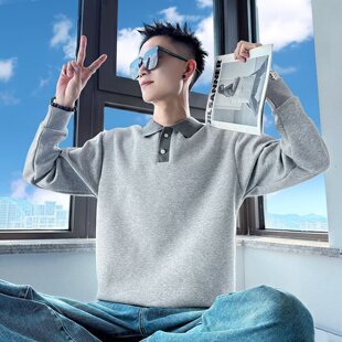 秋季卫衣男款休闲宽松重磅打底衫2025新款潮慵懒风立领POLO衫上衣