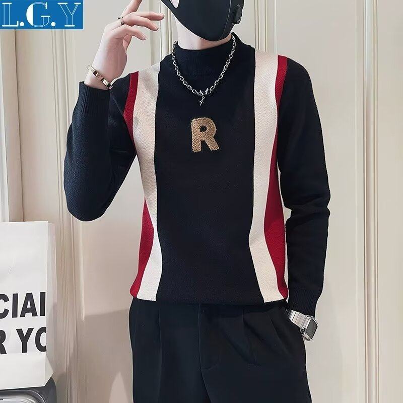 秋冬装半高领毛衣男青年潮牌保暖内搭线衣时尚流行拼色针织打底衫