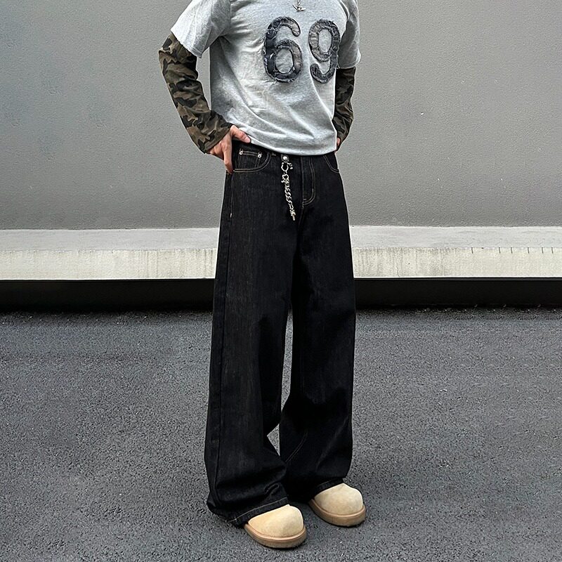 新款美式复古cleanfit阔腿牛仔裤男女宽松直筒裤简约休闲拖地长裤