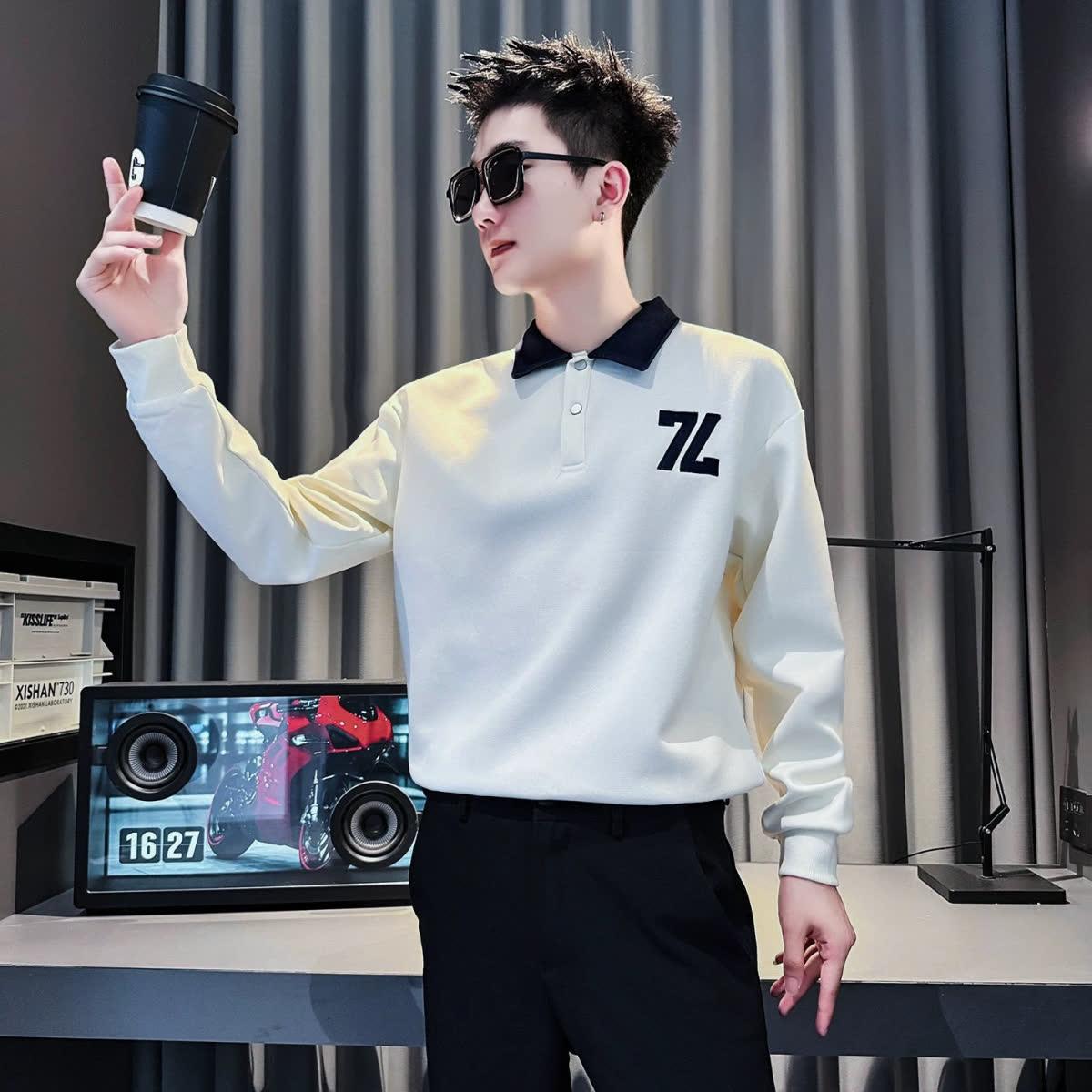 polo衫长袖男士秋冬季宽松刺绣落肩卫衣青少年学院风撞色半袖体恤