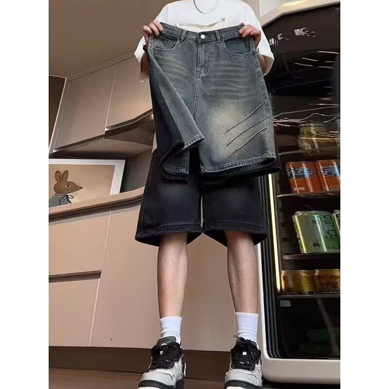 小众做旧水洗高级牛仔短裤男夏季显瘦直筒五分裤复古中裤