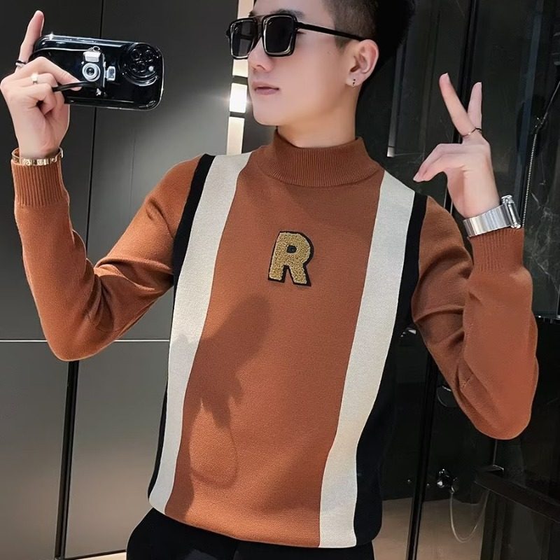 秋冬装半高领毛衣男潮牌内搭上衣2025新款精神小伙拼色针织打底衫