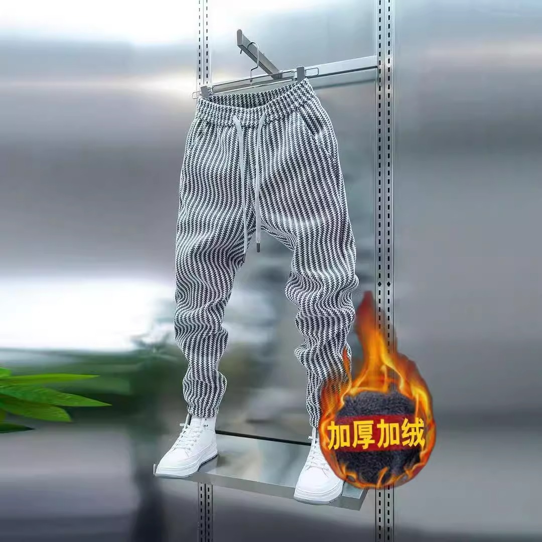 秋冬季加绒男士百搭宽松运动卫裤时尚竖条纹束脚裤潮流小脚休闲裤