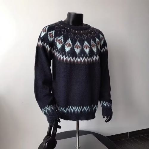 秋冬美式复古重磅圆领毛衣男士费尔岛提花慵懒民族风针织衫毛线衫