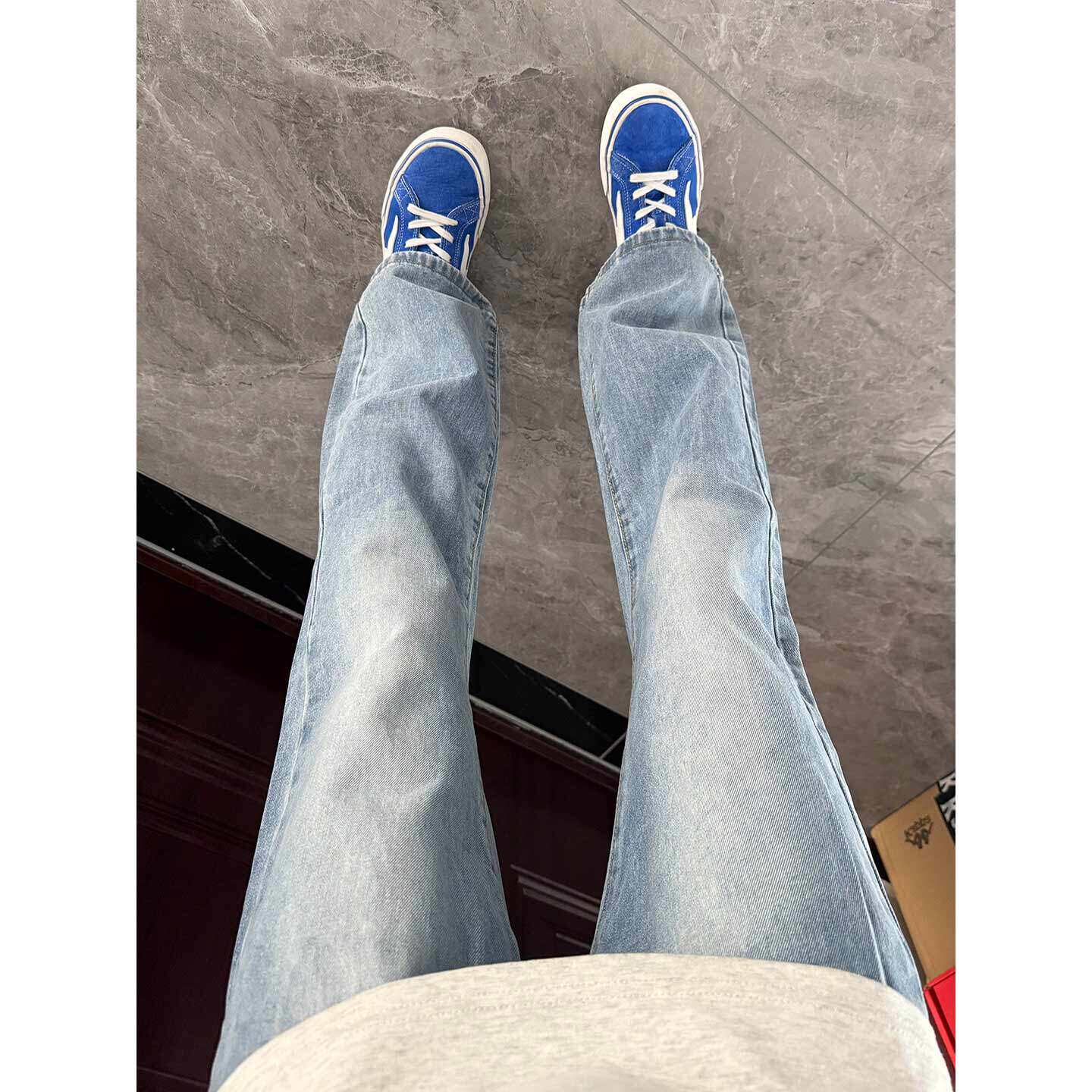 浅蓝色微喇牛仔裤男款秋季穿搭ootd显腿长裤子cleanfit弯刀直筒裤