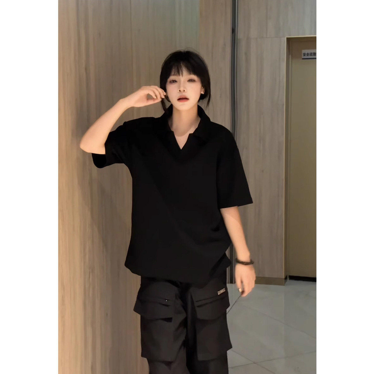 黑色短袖男女2026新款夏纯棉polo衫V领t恤宽松大码半袖正肩上衣服