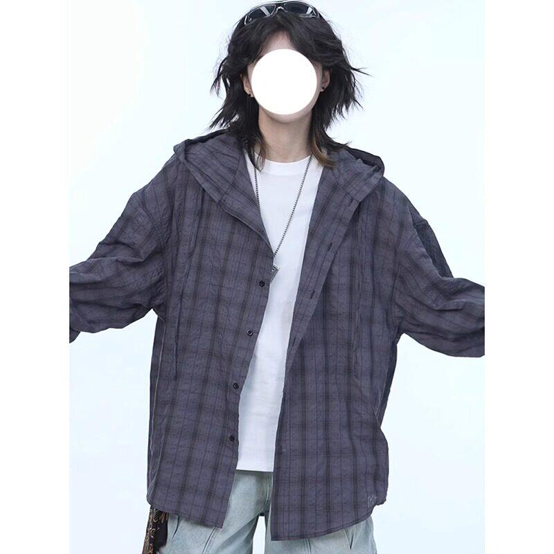 灰色连帽格子衬衣男款春夏宽松防晒衬衫美式oversize情侣长袖外套